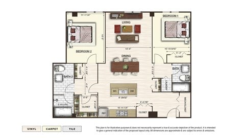 Floor plan for 2 beds, 2 baths, 1149 sqft